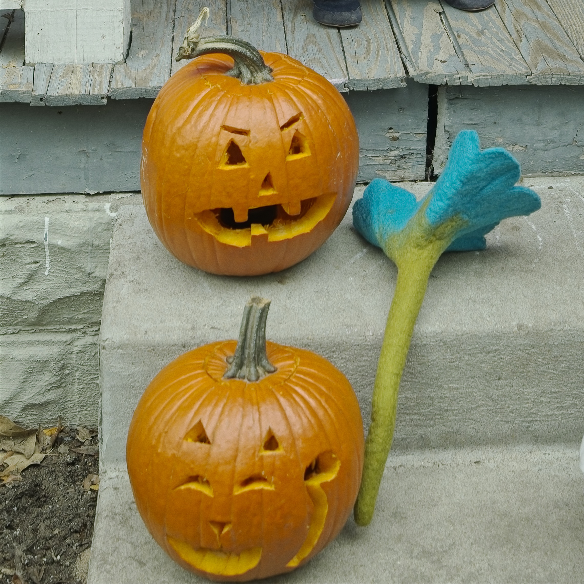 Two Jack-o-lanterns sitting on steps